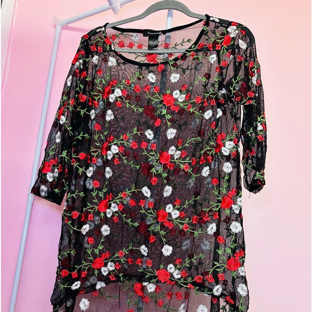 Ashley Stewart Black Floral Embroidered Sheer Top - Plus Size Christmas
